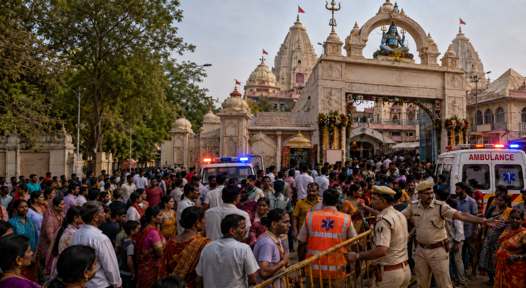 लखीसराय के अशोक धाम मंदिर के बाहर श्रद्धालुओं की भारी भीड़, पुलिस और एंबुलेंस के साथ भगदड़ के बाद राहत-बचाव का दृश्य।